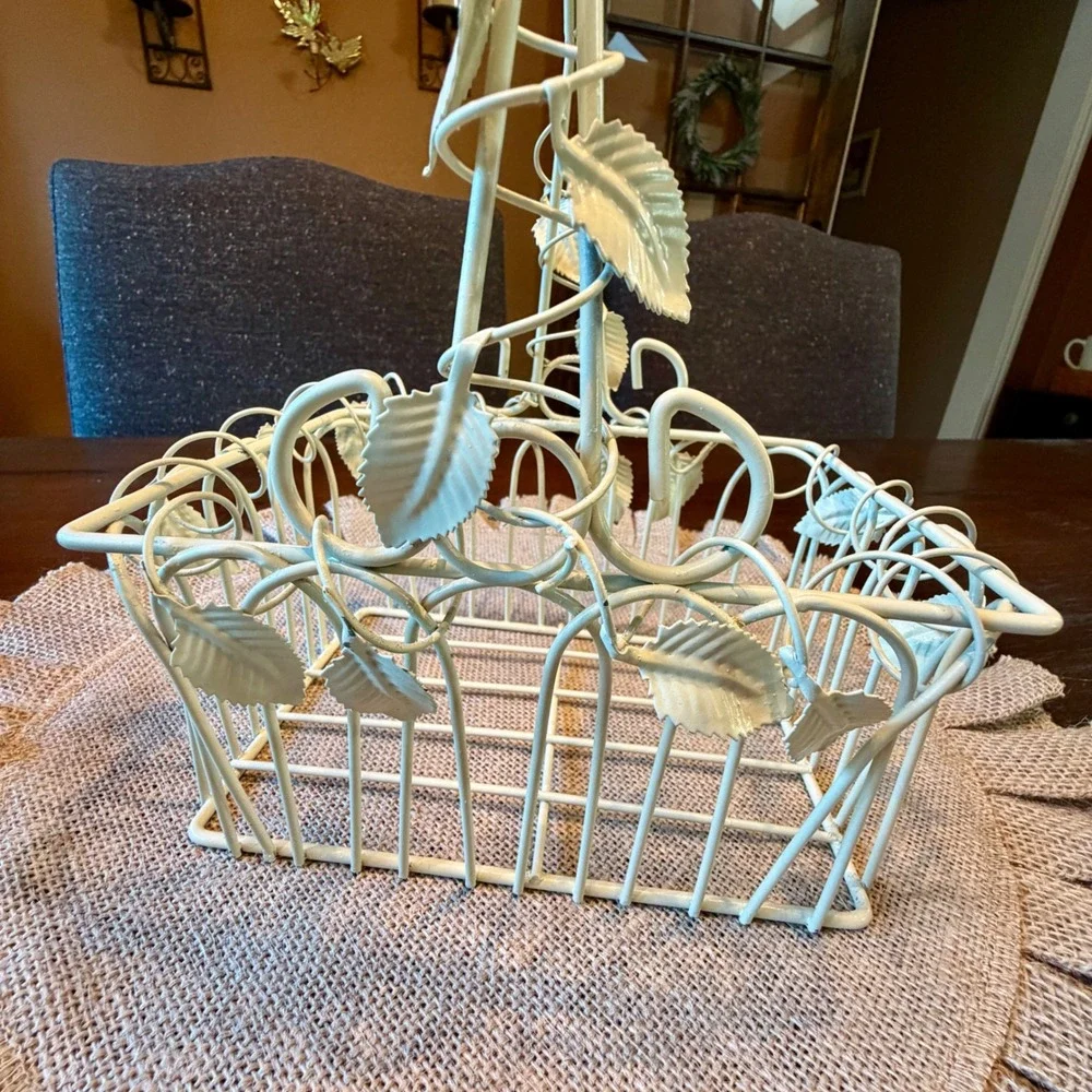 Vintage Cream Metal Wire Basket Leaf Vine Detail Farmhouse Decorative